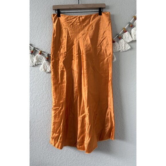 Tibi Satin Silky Raw Hem Orange Midi Skirt Aline Beachy Glam Timeless Elegant 8 - Picture 2 of 10